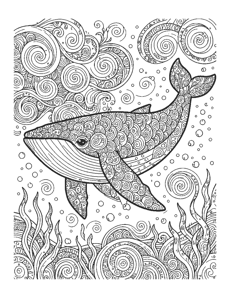 Line drawing of a whale filled with dense patterns swimming through patterned waves