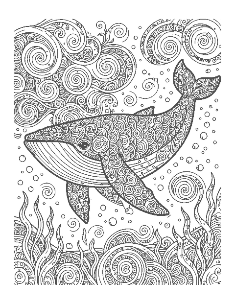 Line drawing of a whale filled with dense patterns swimming through patterned waves