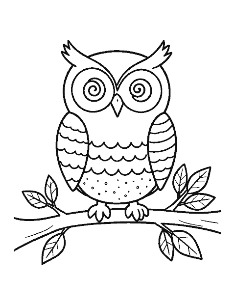 Line drawing of an owl filled with simple doodle patterns perched on a leafy branch