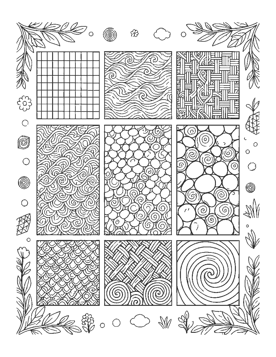 Line drawing of nine square tiles each filled with a different doodle pattern