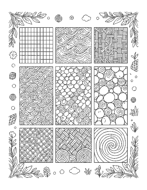 Line drawing of nine square tiles each filled with a different doodle pattern