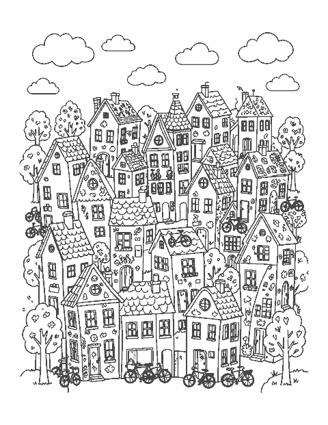 Line drawing of a crowded doodle town of tiny crooked houses filled with patterns