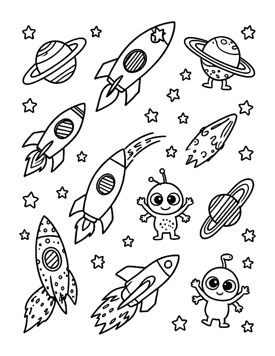 Line drawing of doodled rockets, planets, stars and friendly aliens with simple patterns
