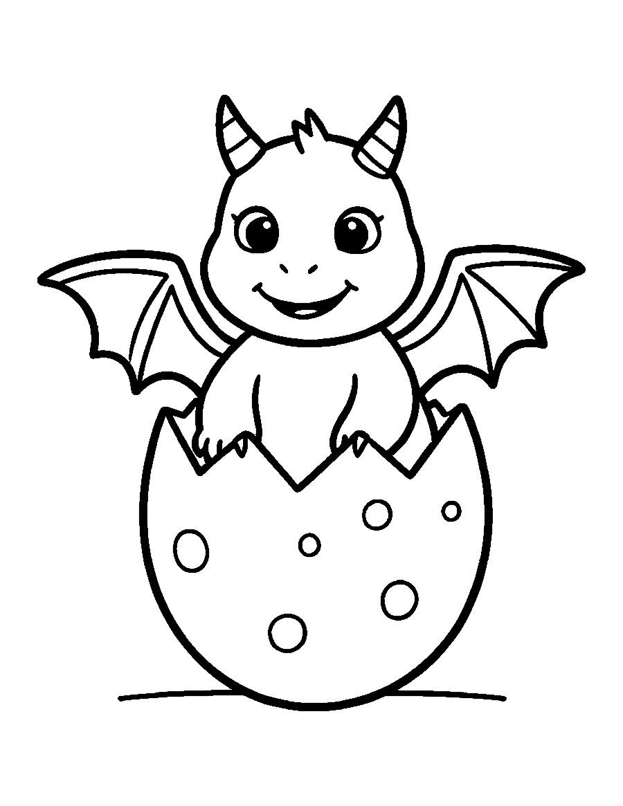 Line drawing of a smiling baby dragon hatching from a cracked spotted egg