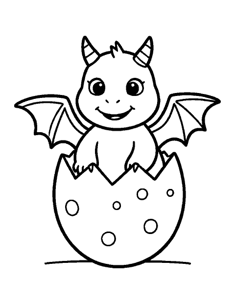 Line drawing of a smiling baby dragon hatching from a cracked spotted egg