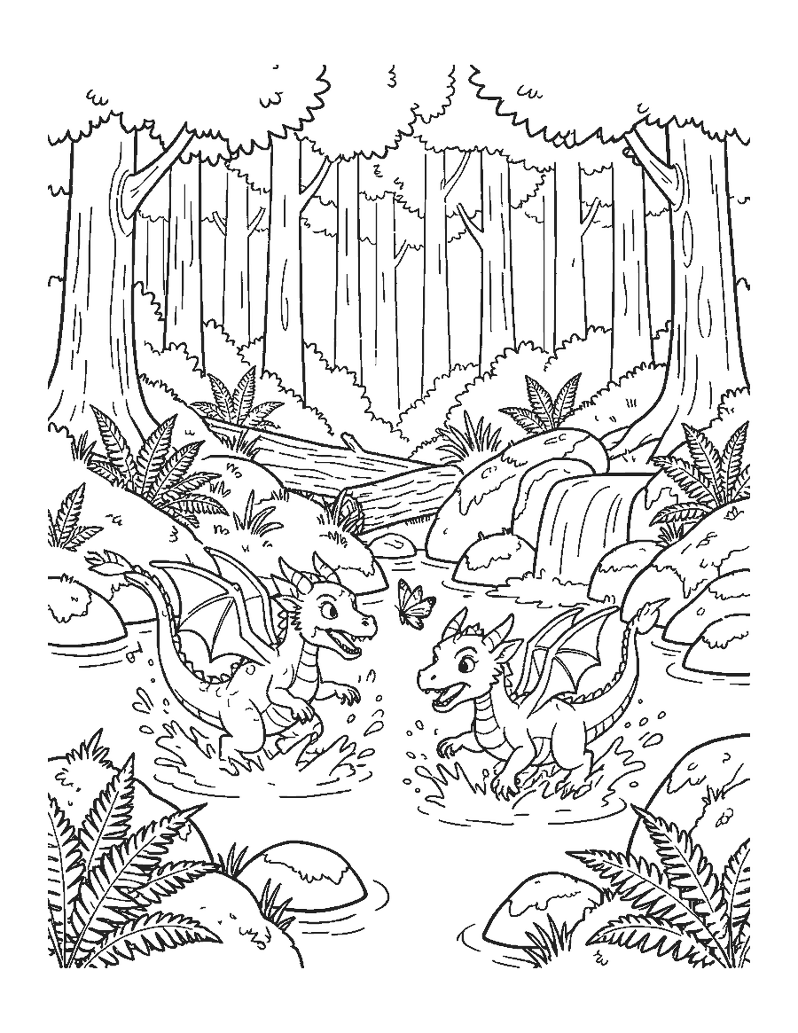 Line drawing of two baby dragons playing in a forest stream near a small waterfall