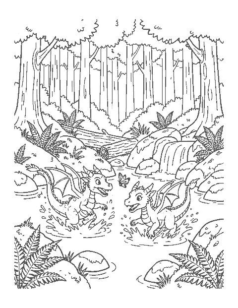 Line drawing of two baby dragons playing in a forest stream near a small waterfall