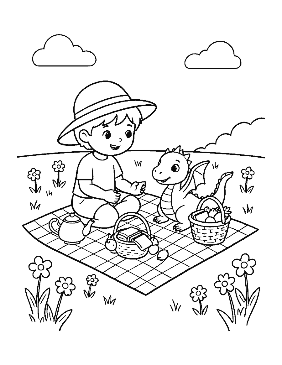 Line drawing of a child and a small dragon having a picnic in a meadow