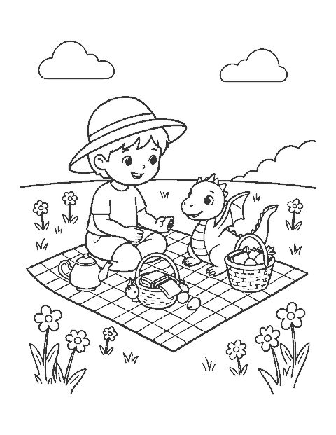 Line drawing of a child and a small dragon having a picnic in a meadow