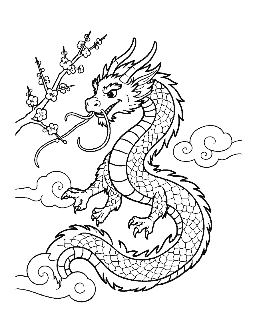 Line drawing of a long Chinese dragon curving past plum blossoms and swirling clouds