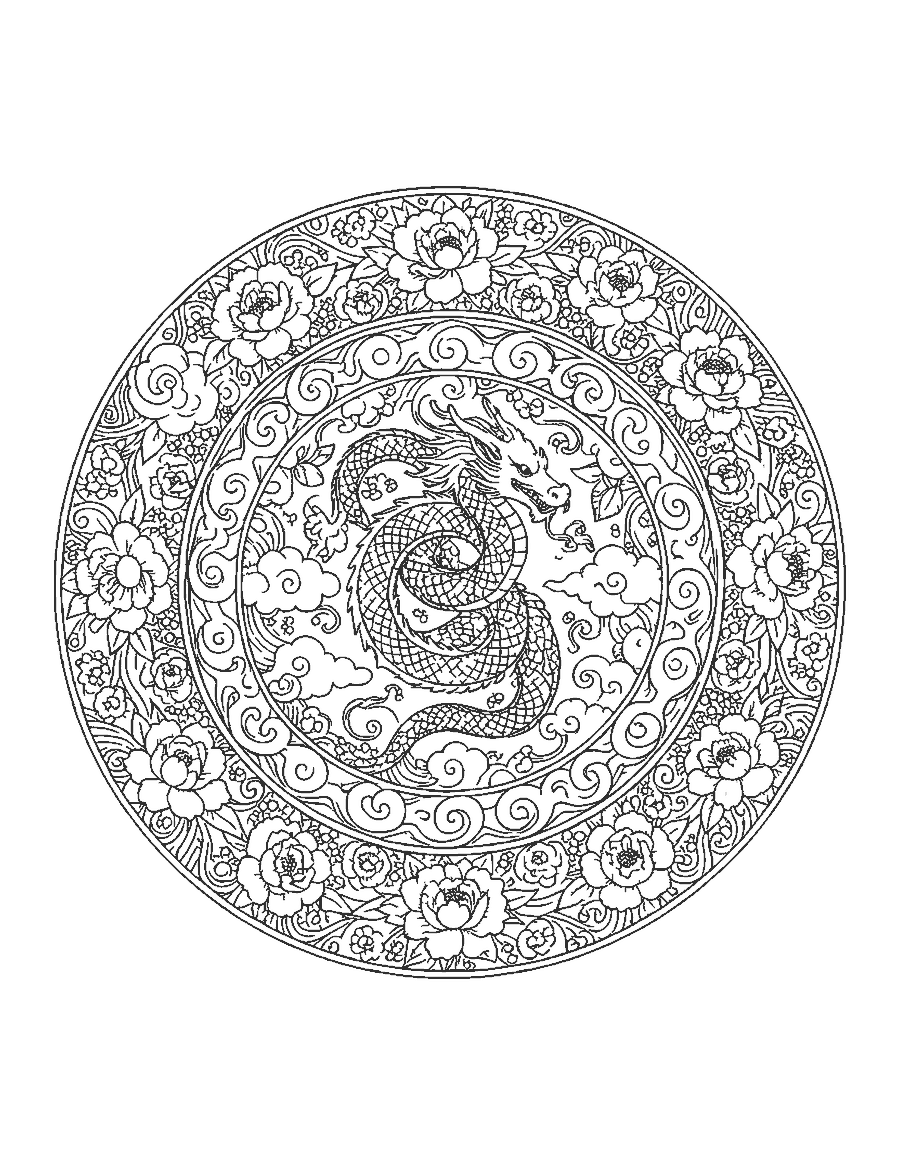 Line drawing of a mandala with a coiled Chinese dragon ringed by clouds, waves and peonies