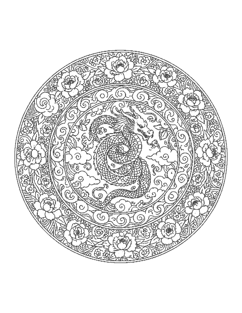 Line drawing of a mandala with a coiled Chinese dragon ringed by clouds, waves and peonies