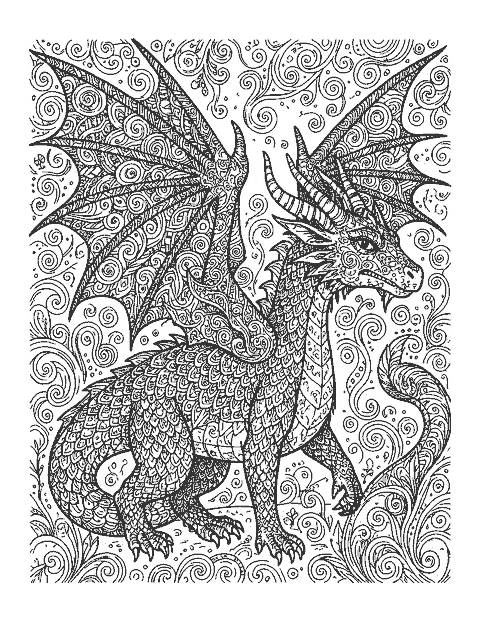 Line drawing of a dragon with raised wings filled with doodle patterns
