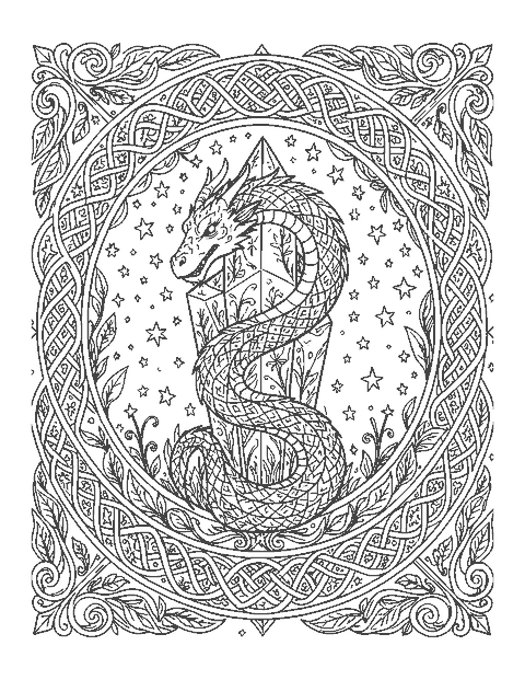 Line drawing of a dragon wrapped around a tall crystal inside a knotwork border