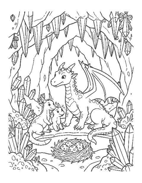 Line drawing of a mother dragon and three babies in a crystal cave with eggs