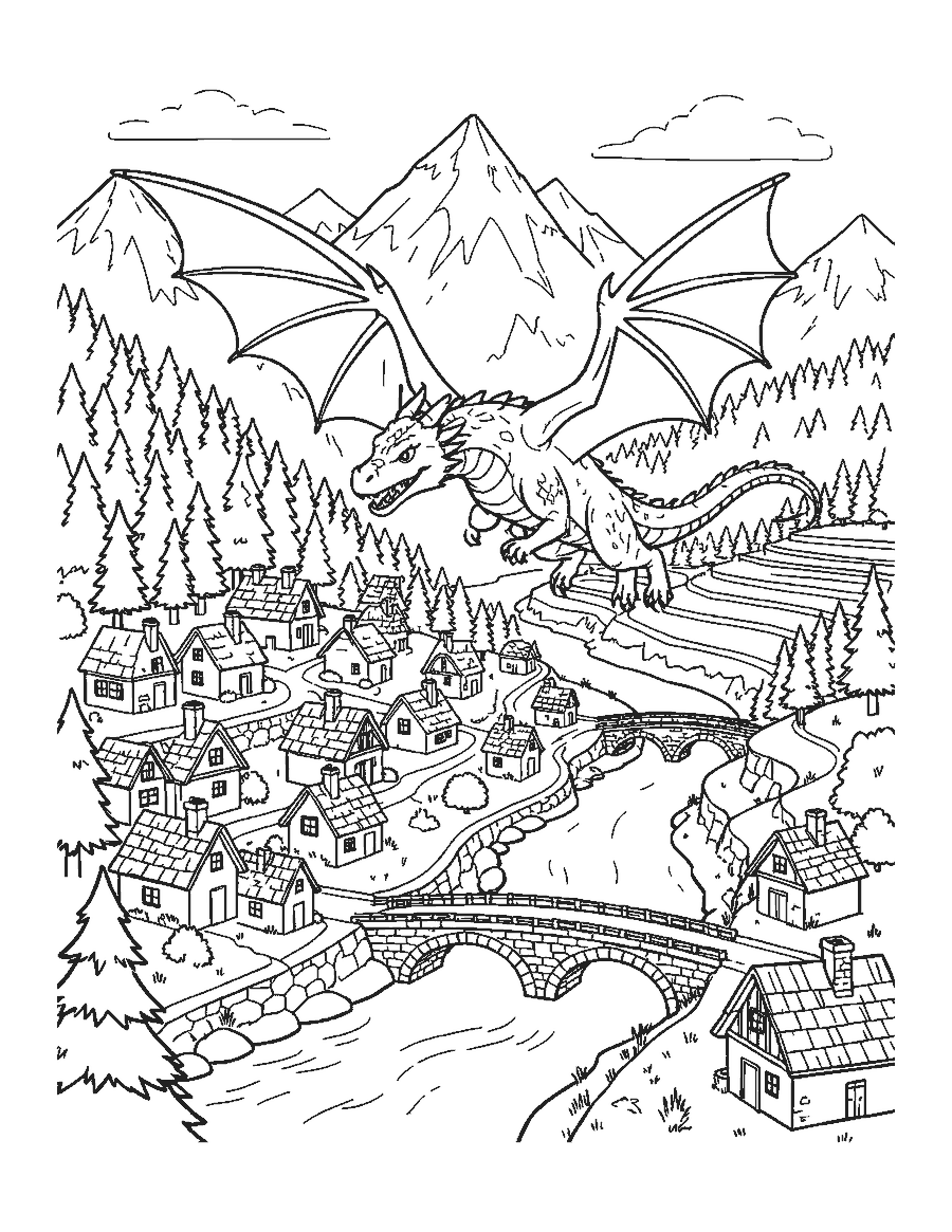 Line drawing of a dragon flying over a mountain village with a bridge and snowy peaks