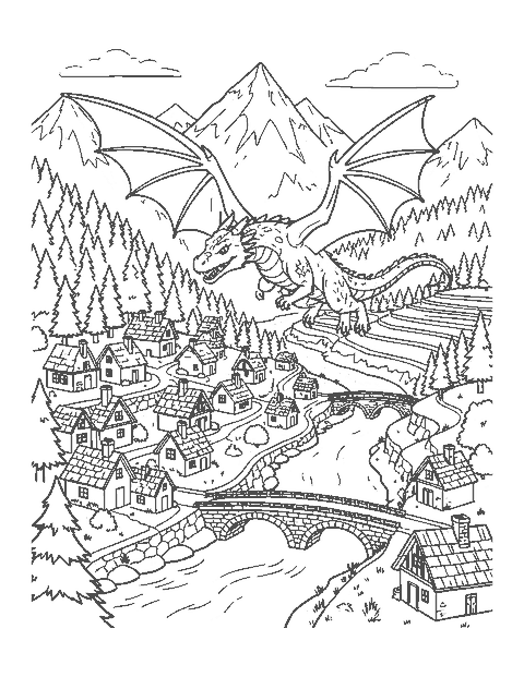 Line drawing of a dragon flying over a mountain village with a bridge and snowy peaks