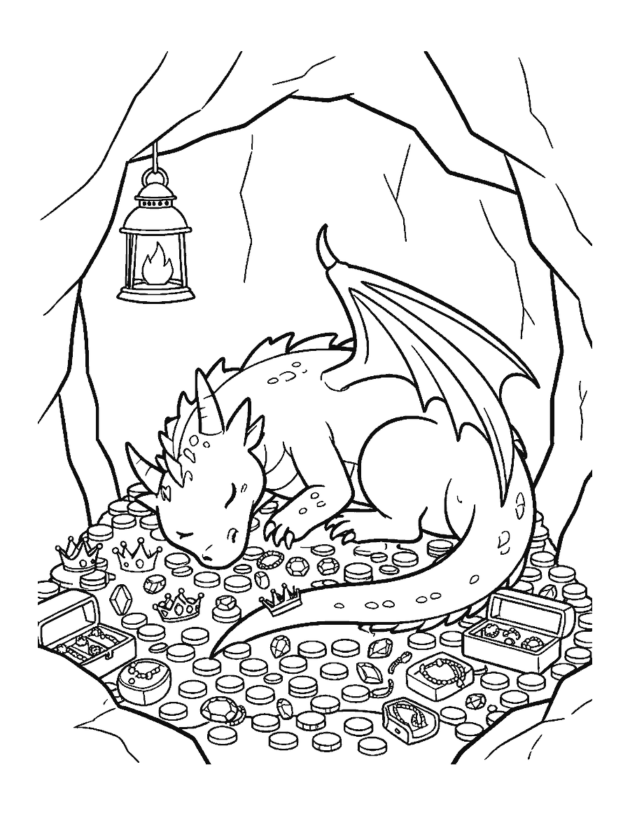 Line drawing of a dragon asleep on a pile of treasure inside a cave