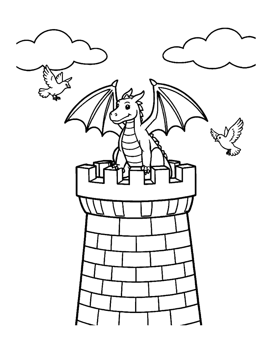 Line drawing of a dragon perched on a stone tower with clouds and birds