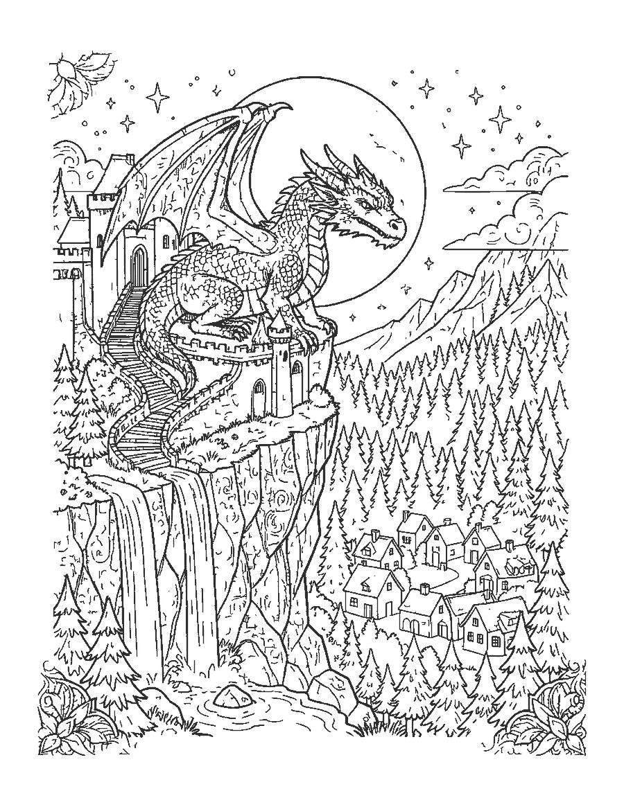 Line drawing of a dragon on a cliff fortress at night above a village and waterfalls