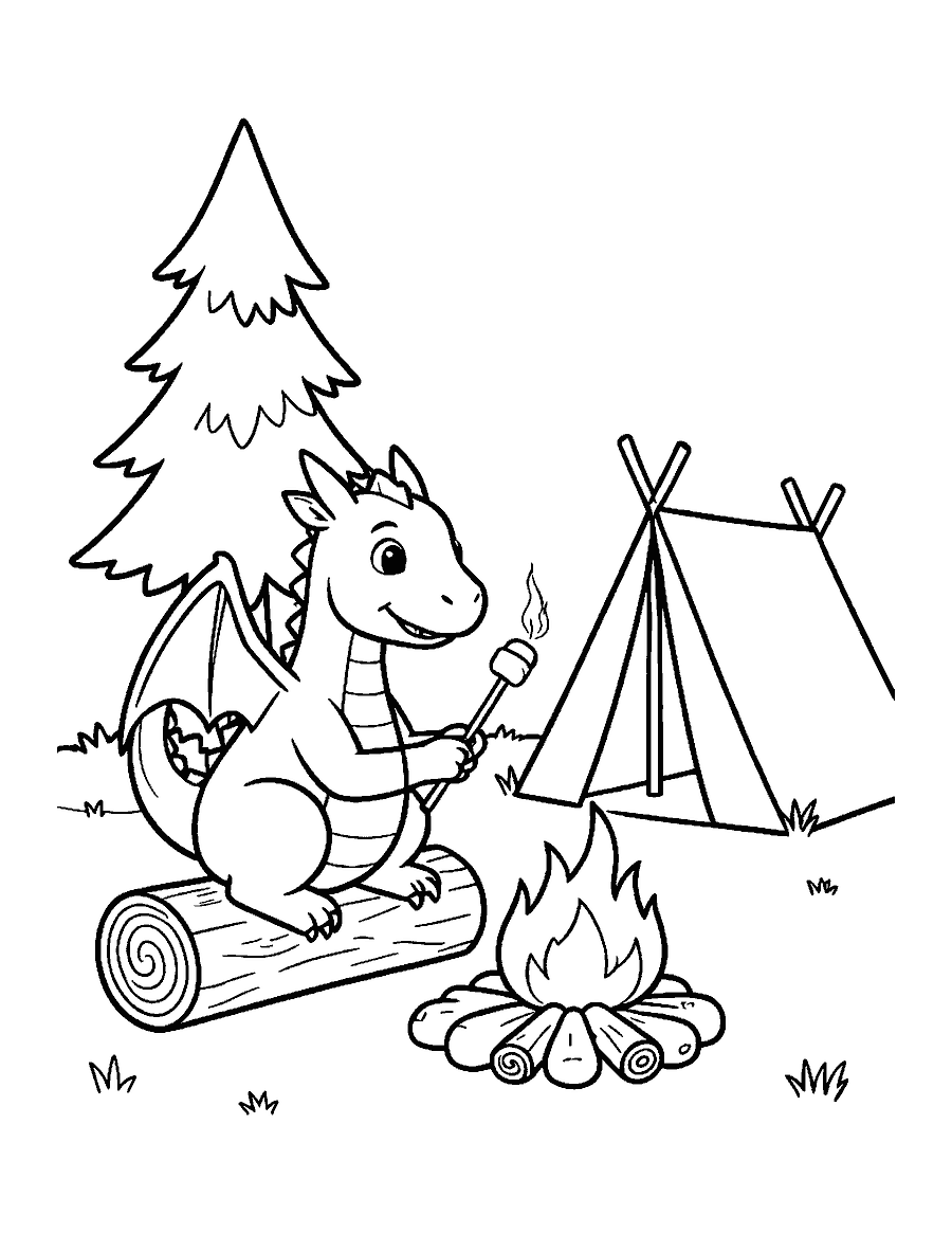 Line drawing of a dragon toasting a marshmallow over a campfire beside a tent