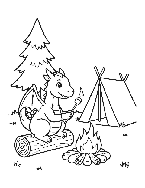 Line drawing of a dragon toasting a marshmallow over a campfire beside a tent