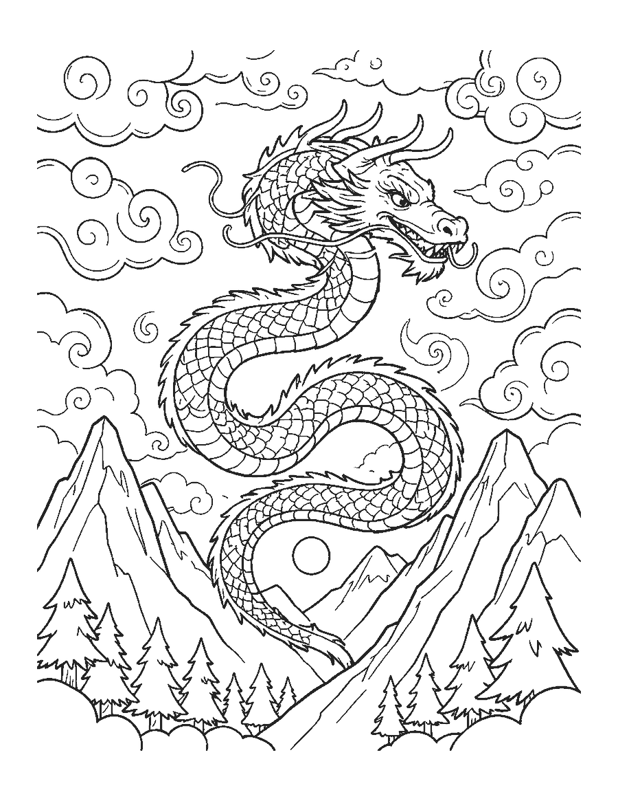 Line drawing of a long Eastern dragon winding through clouds above mountains