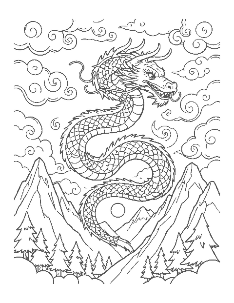 Line drawing of a long Eastern dragon winding through clouds above mountains