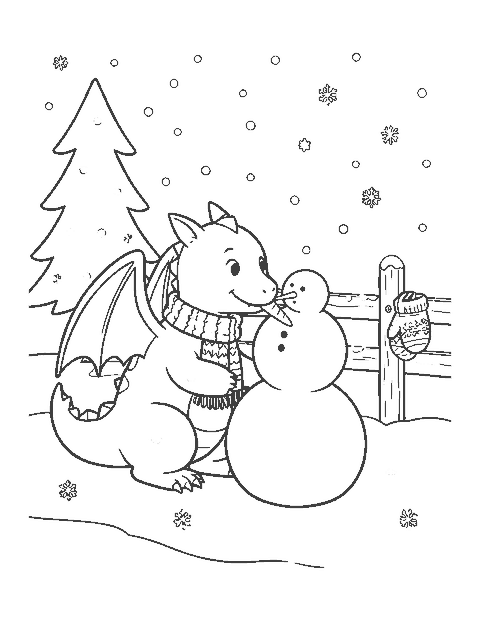 Line drawing of a friendly dragon in a scarf building a snowman in a snowy yard