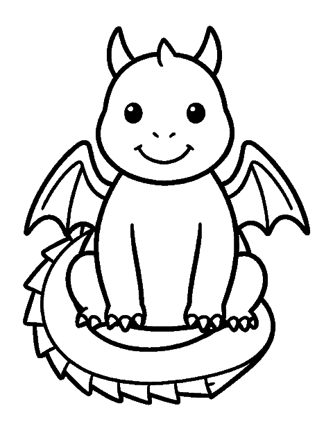 Line drawing of a friendly dragon sitting upright with its tail around its feet