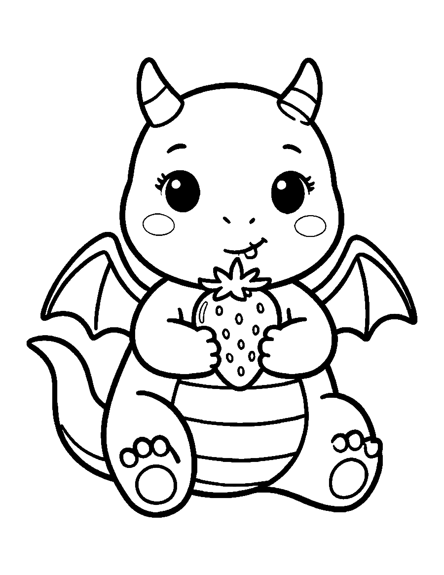 Line drawing of a kawaii baby dragon holding a big strawberry