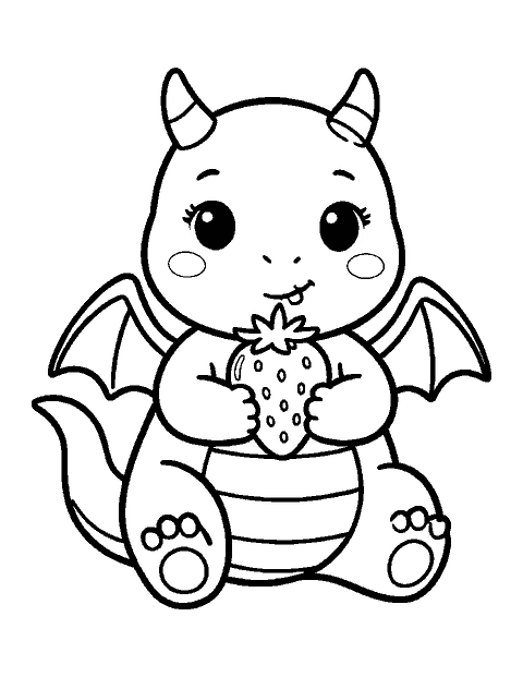 Line drawing of a kawaii baby dragon holding a big strawberry