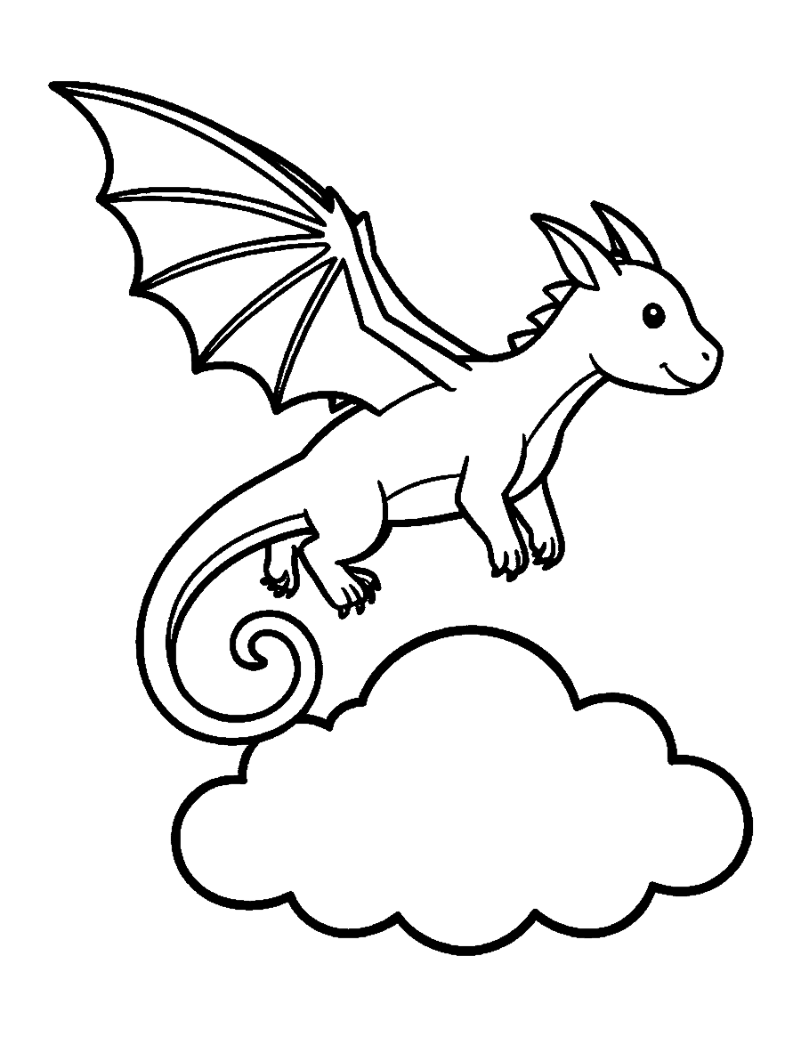 Line drawing of a little dragon flying sideways above a cloud