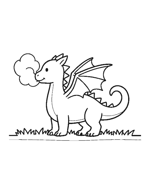 Line drawing of a little dragon standing side-on and puffing a smoke ring