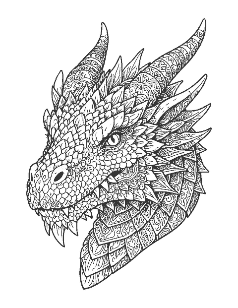 Line drawing of a realistic dragon head with layered scales and curved horns