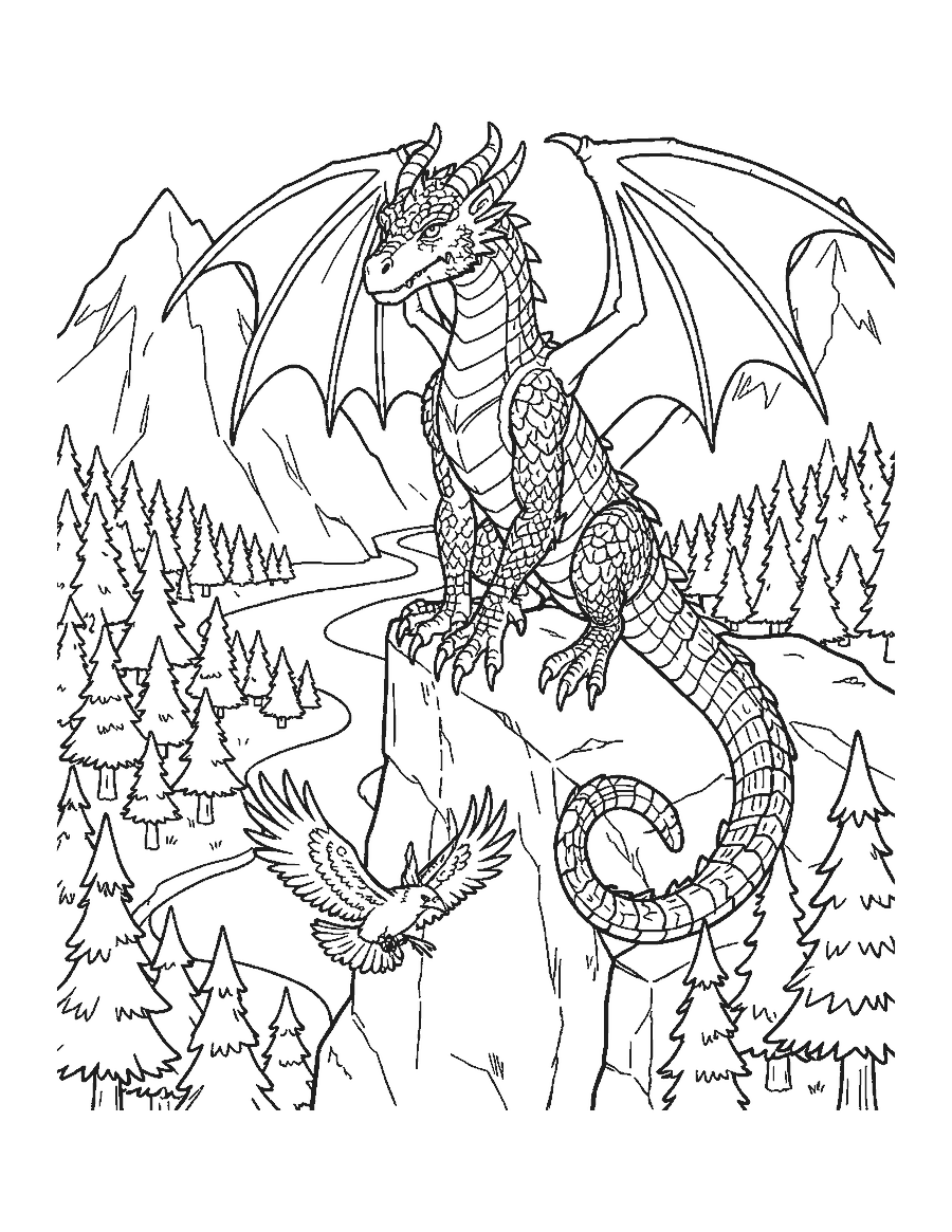 Line drawing of a realistic scaled dragon perched on a rocky mountain crag