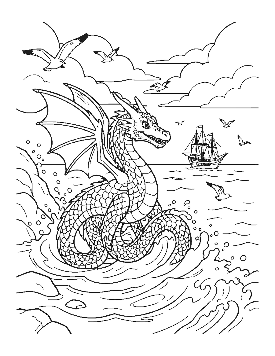 Line drawing of a sea dragon rising from waves near a rocky shore and a ship