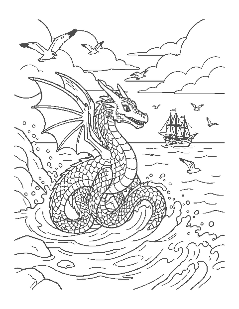 Line drawing of a sea dragon rising from waves near a rocky shore and a ship