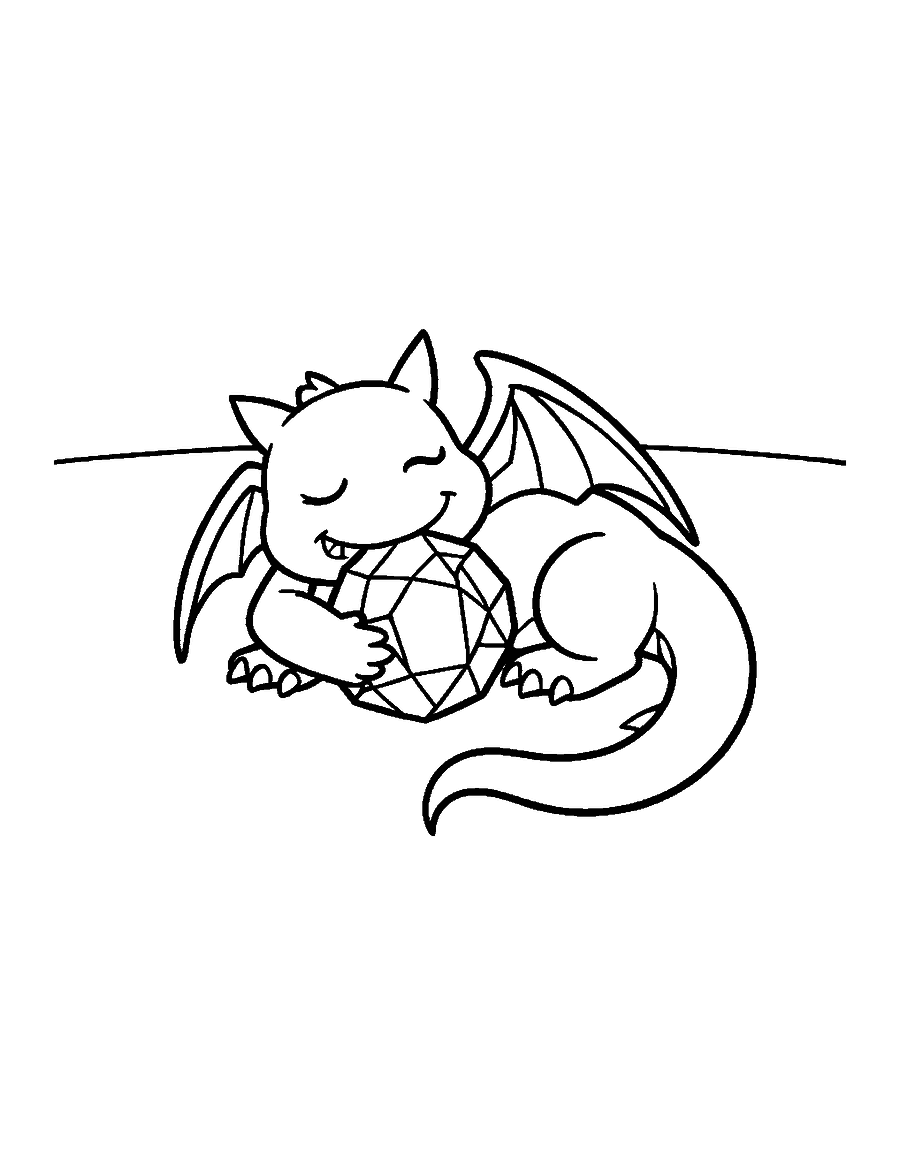 Line drawing of a small dragon lying down and hugging a large gemstone