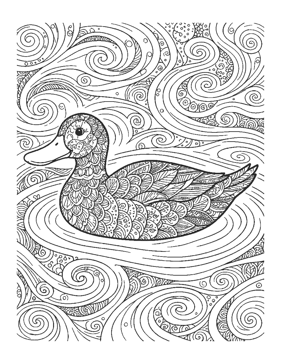 Line drawing of a duck filled with doodle feather patterns on swirling water