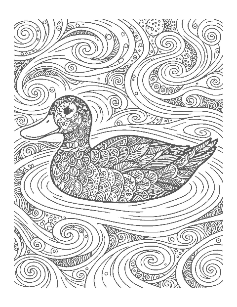 Line drawing of a duck filled with doodle feather patterns on swirling water