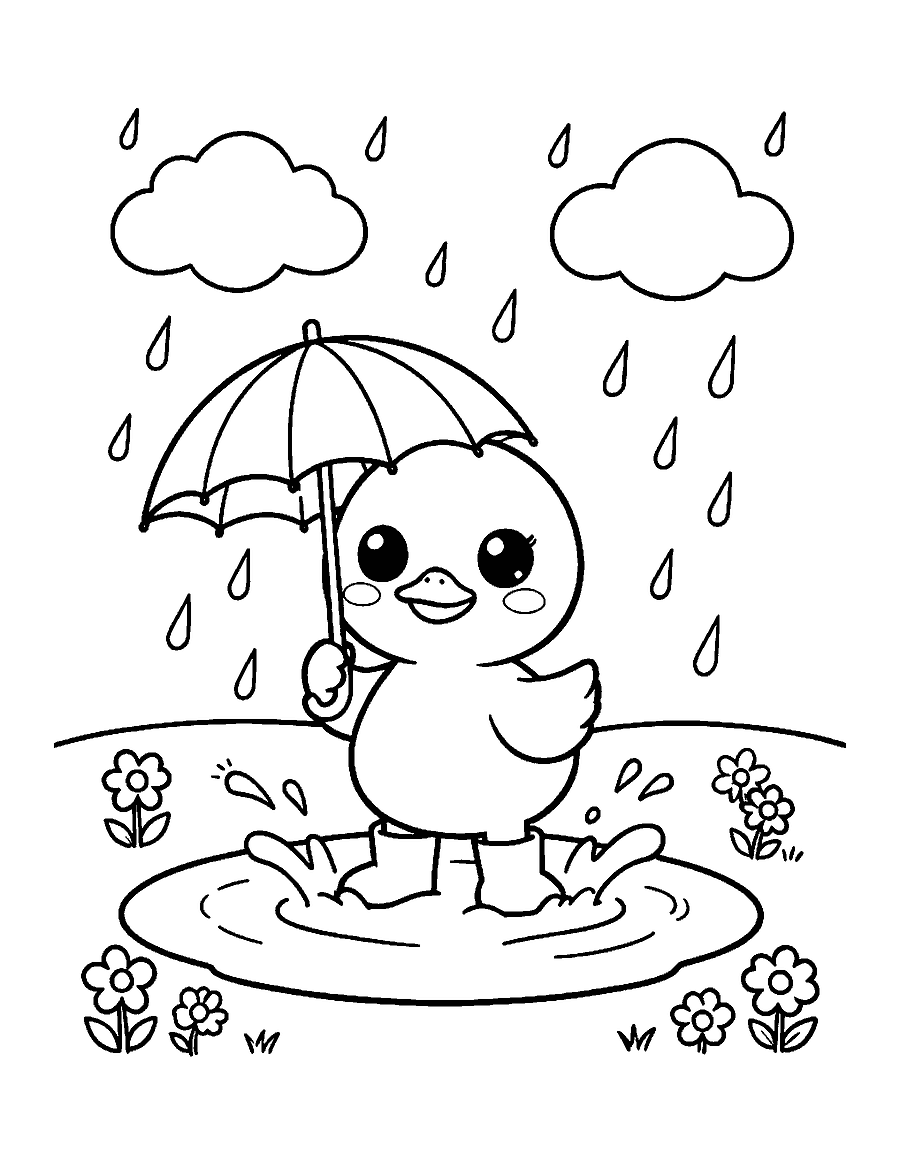 Line drawing of a cute duck in rain boots with an umbrella splashing in a puddle