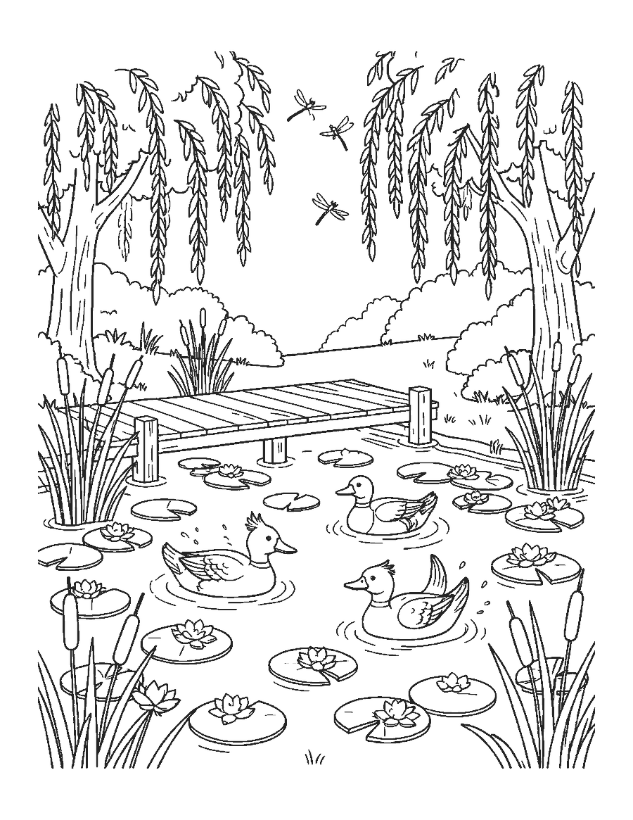 Line drawing of ducks swimming on a lily pond with a dock, willow and dragonflies
