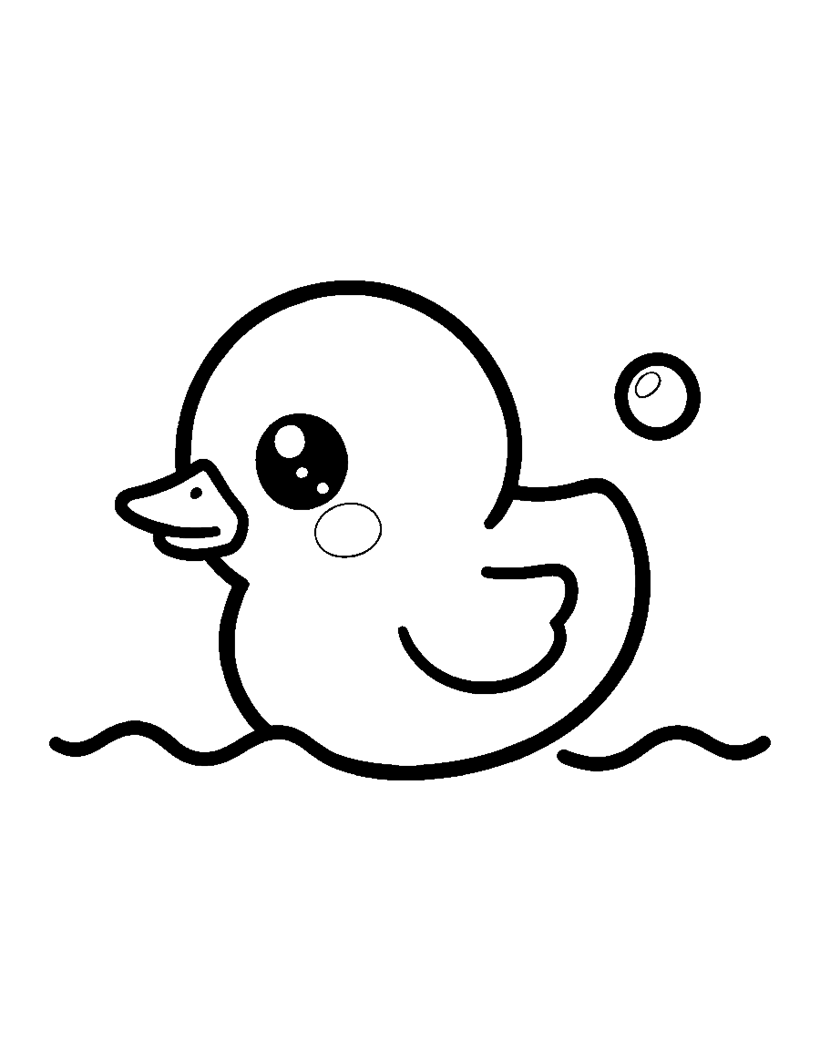 Line drawing of a cute round duckling floating on gentle waves