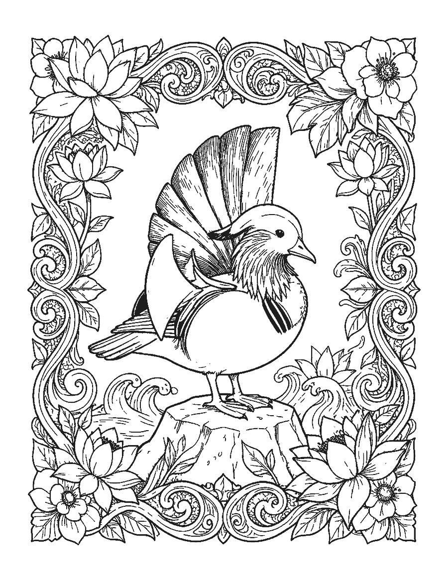 Line drawing of a mandarin duck on a rock framed by water lilies and waves