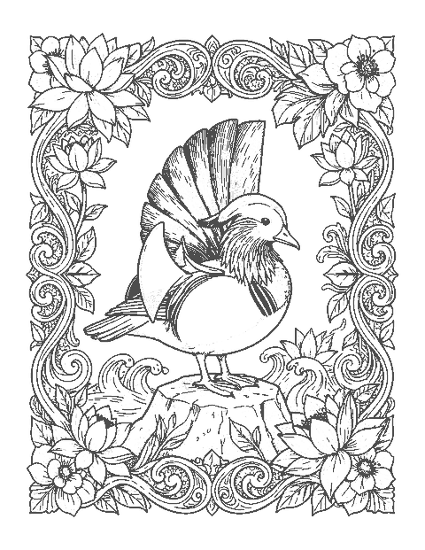 Line drawing of a mandarin duck on a rock framed by water lilies and waves