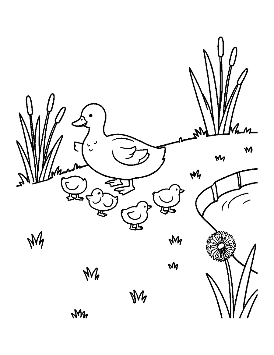 Line drawing of a mother duck leading four ducklings along a path by a pond