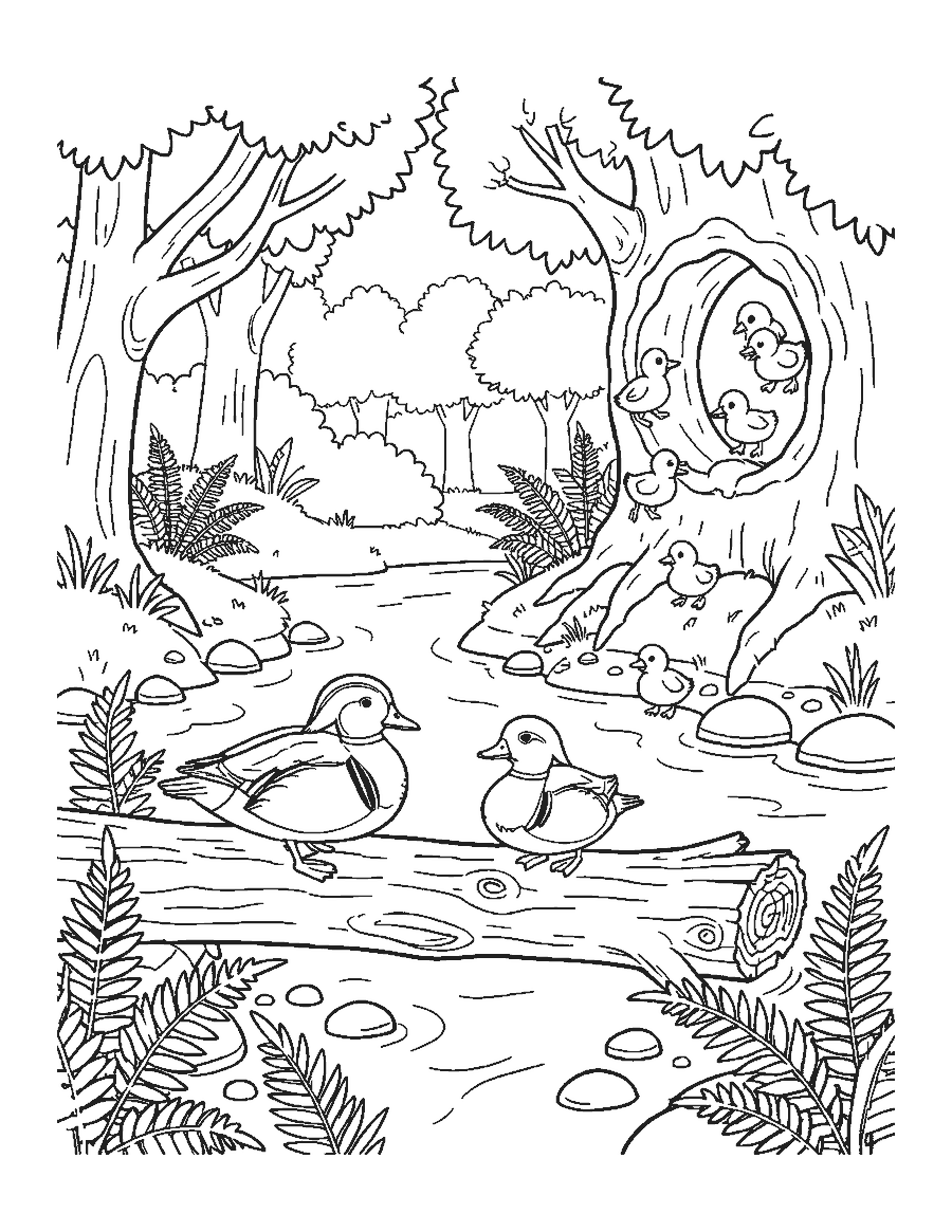Line drawing of wood ducks on a log as ducklings jump from a tree hollow