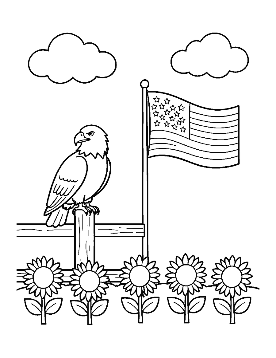 Line drawing of a bald eagle on a fence post beside a stars and stripes flag and sunflowers