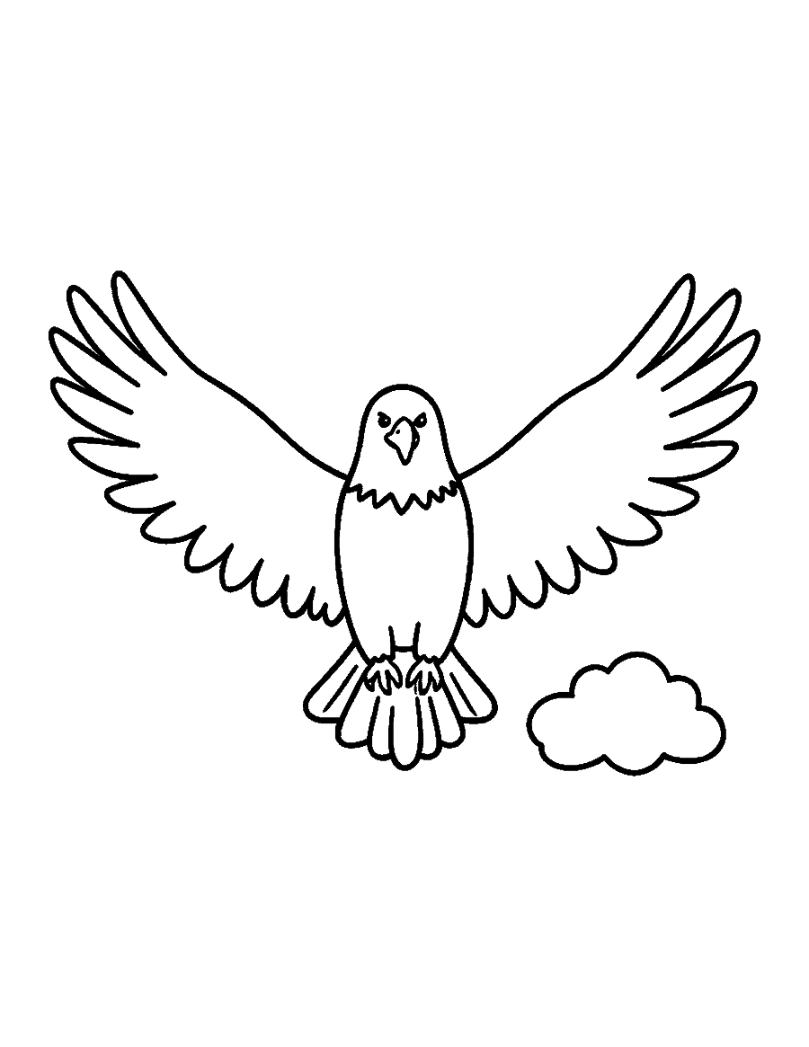 Line drawing of a bald eagle facing forward with its broad wings spread wide